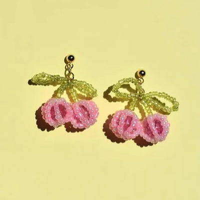 Pink Beaded Cherry Earrings