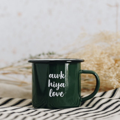 awk hiya love green enamel mug